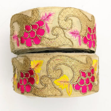 Beige Art Silk Fabric Trim with Floral Embroidery in Yellow, Gold and Fuchsia, Flower Embroidered Trim